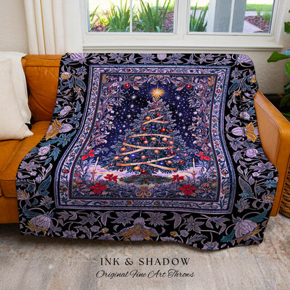 Radiant Lights Christmas Tree Blanket | Holiday Woven Wall Tapestry Cottagecore Winter Throw Vintage Accent Cozy Festive Decor Starry Night