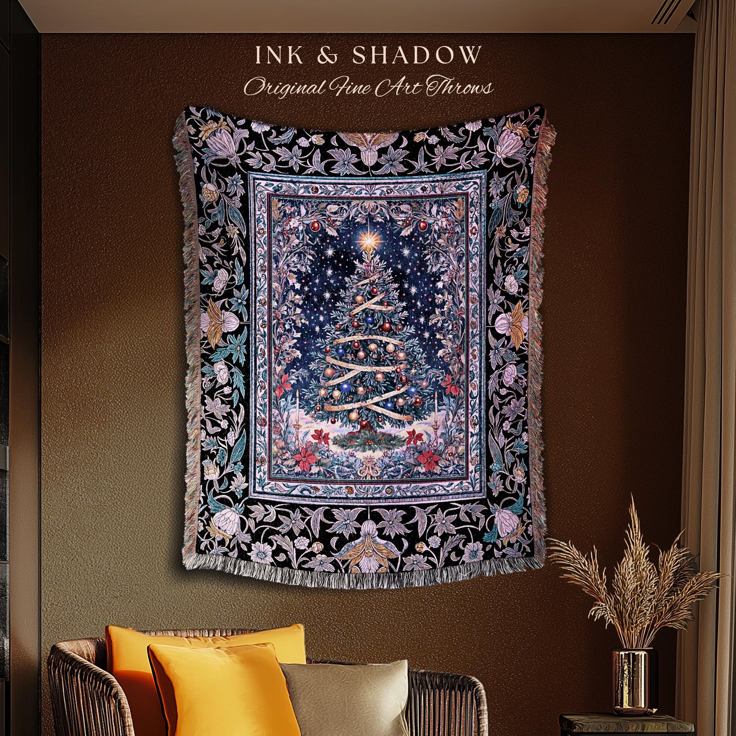 Radiant Lights Christmas Tree Blanket | Holiday Woven Wall Tapestry Cottagecore Winter Throw Vintage Accent Cozy Festive Decor Starry Night