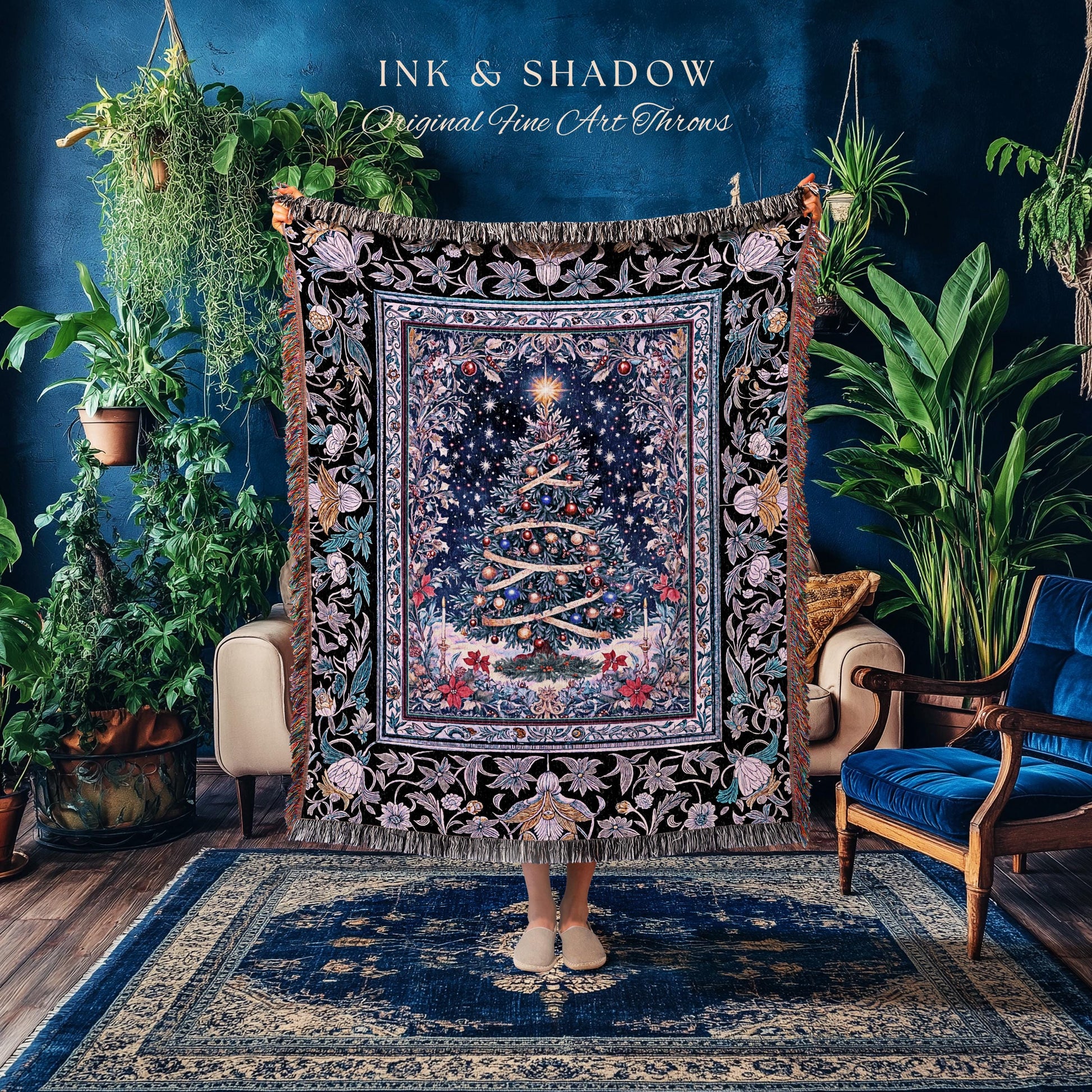 Radiant Lights Christmas Tree Blanket | Holiday Woven Wall Tapestry Cottagecore Winter Throw Vintage Accent Cozy Festive Decor Starry Night