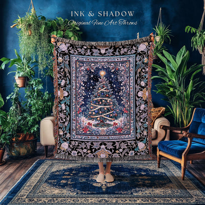 Radiant Lights Christmas Tree Blanket | Holiday Woven Wall Tapestry Cottagecore Winter Throw Vintage Accent Cozy Festive Decor Starry Night