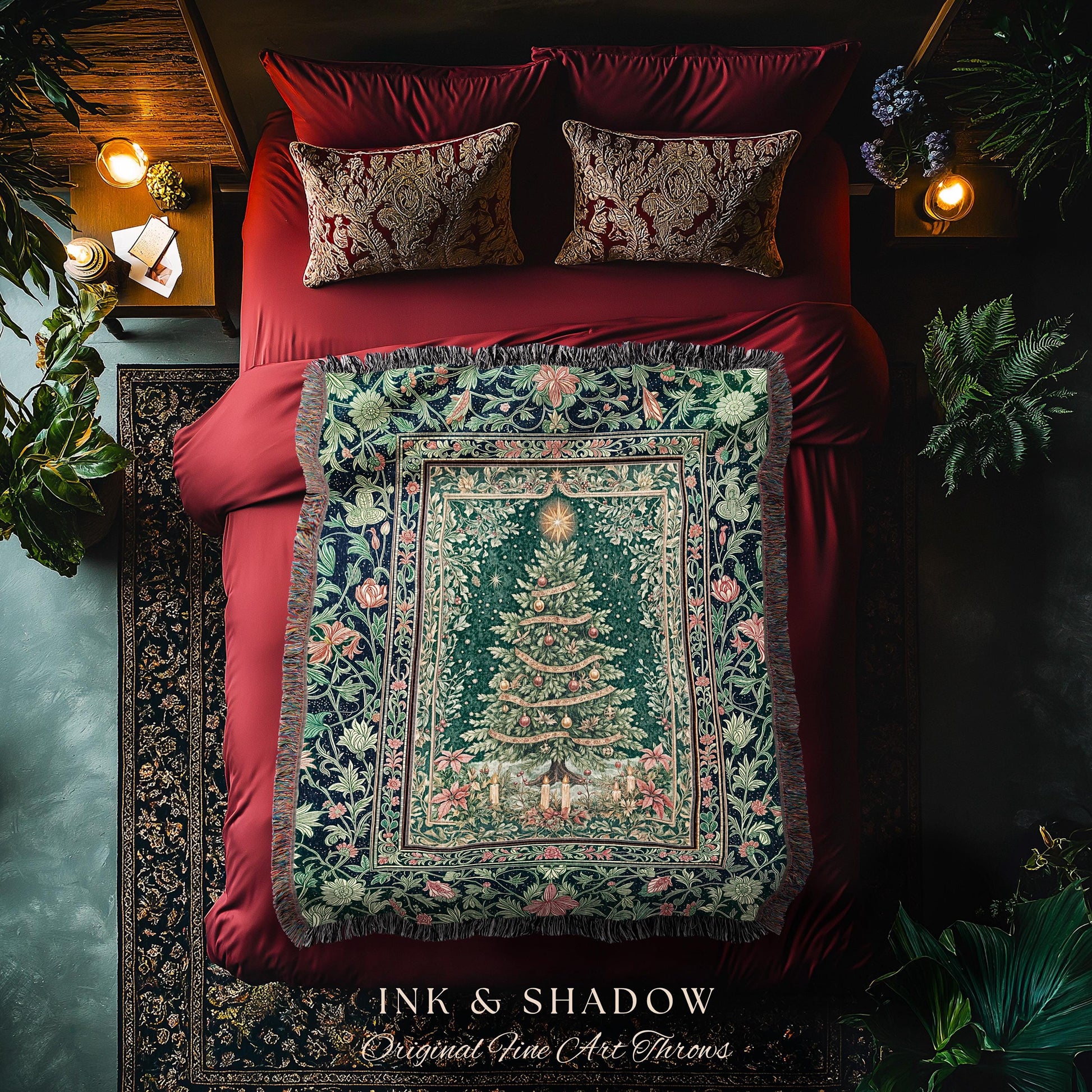Holiday Lights Xmas Tree Blanket | Cozy Winter Accent Festive Throw Cottagecore Bedspread Rustic Aesthetic Vintage Decoration Warm Colors |