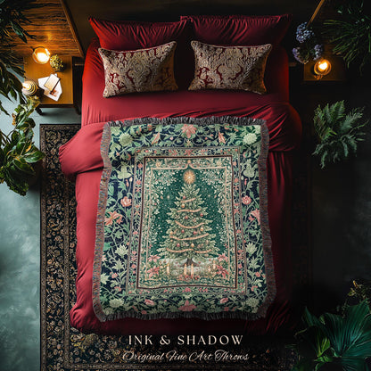 Holiday Lights Xmas Tree Blanket | Cozy Winter Accent Festive Throw Cottagecore Bedspread Rustic Aesthetic Vintage Decoration Warm Colors |