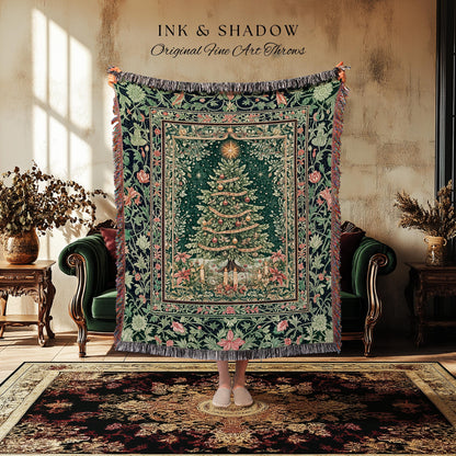 Holiday Lights Xmas Tree Blanket | Cozy Winter Accent Festive Throw Cottagecore Bedspread Rustic Aesthetic Vintage Decoration Warm Colors |