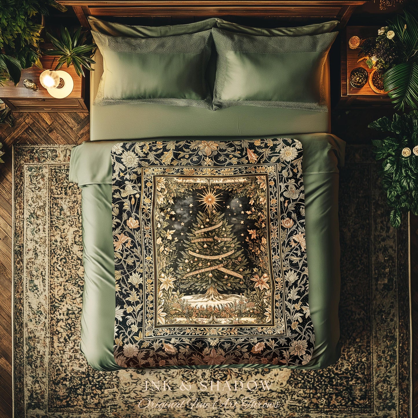 Celestial Wonder Christmas Blanket | Cozy Winter Bedspread Cottagecore Tree Throw Rustic Cabin Accent Holiday Vintage Heirloom Xmas Style