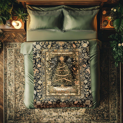 Celestial Wonder Christmas Blanket | Cozy Winter Bedspread Cottagecore Tree Throw Rustic Cabin Accent Holiday Vintage Heirloom Xmas Style
