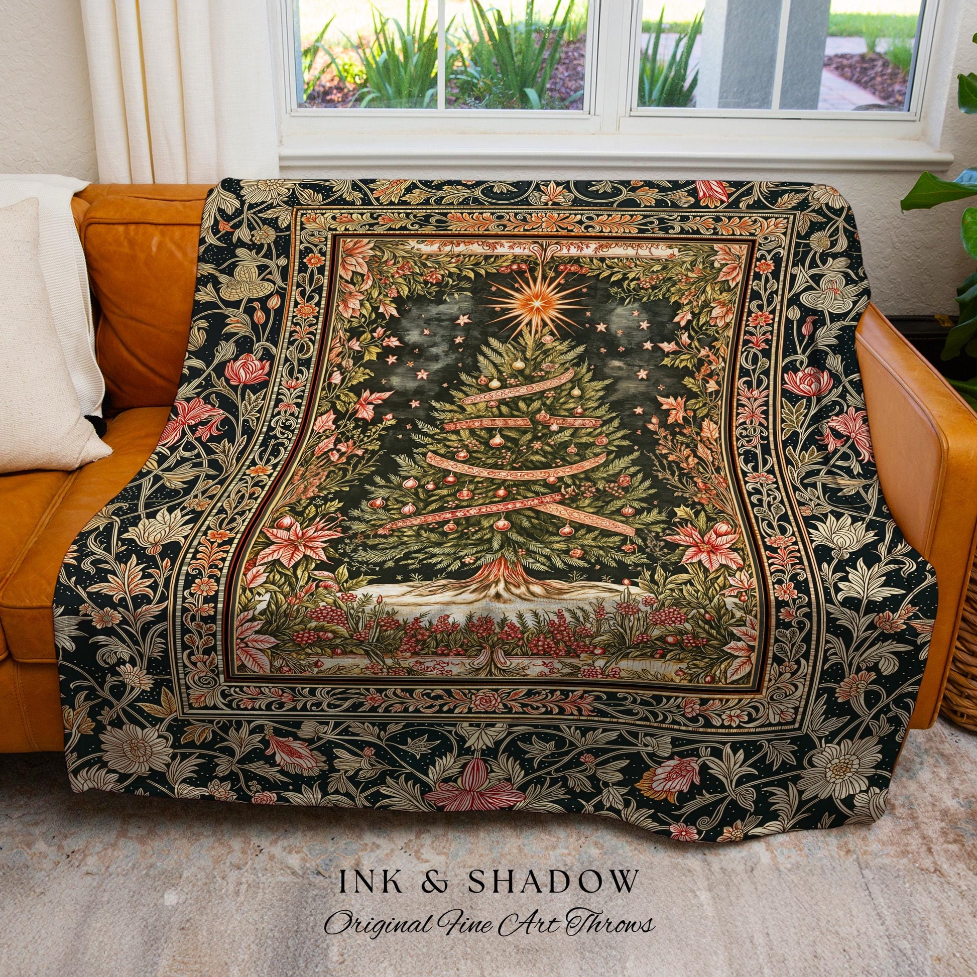 Golden Light Cozy Tree Throw | Nostalgic Xmas Blanket Holiday Bedspread Rustic Cottagecore Accent Warm Winter Decor Vintage Festive Style