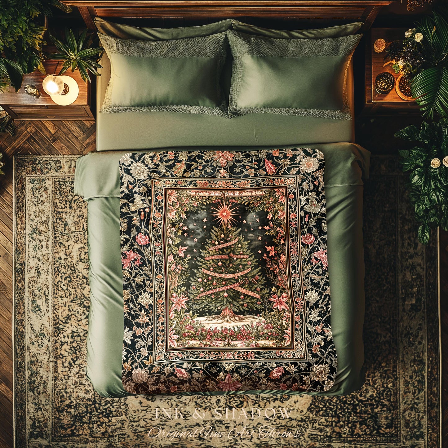 Golden Light Cozy Tree Throw | Nostalgic Xmas Blanket Holiday Bedspread Rustic Cottagecore Accent Warm Winter Decor Vintage Festive Style