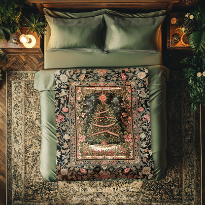 Golden Light Cozy Tree Throw | Nostalgic Xmas Blanket Holiday Bedspread Rustic Cottagecore Accent Warm Winter Decor Vintage Festive Style