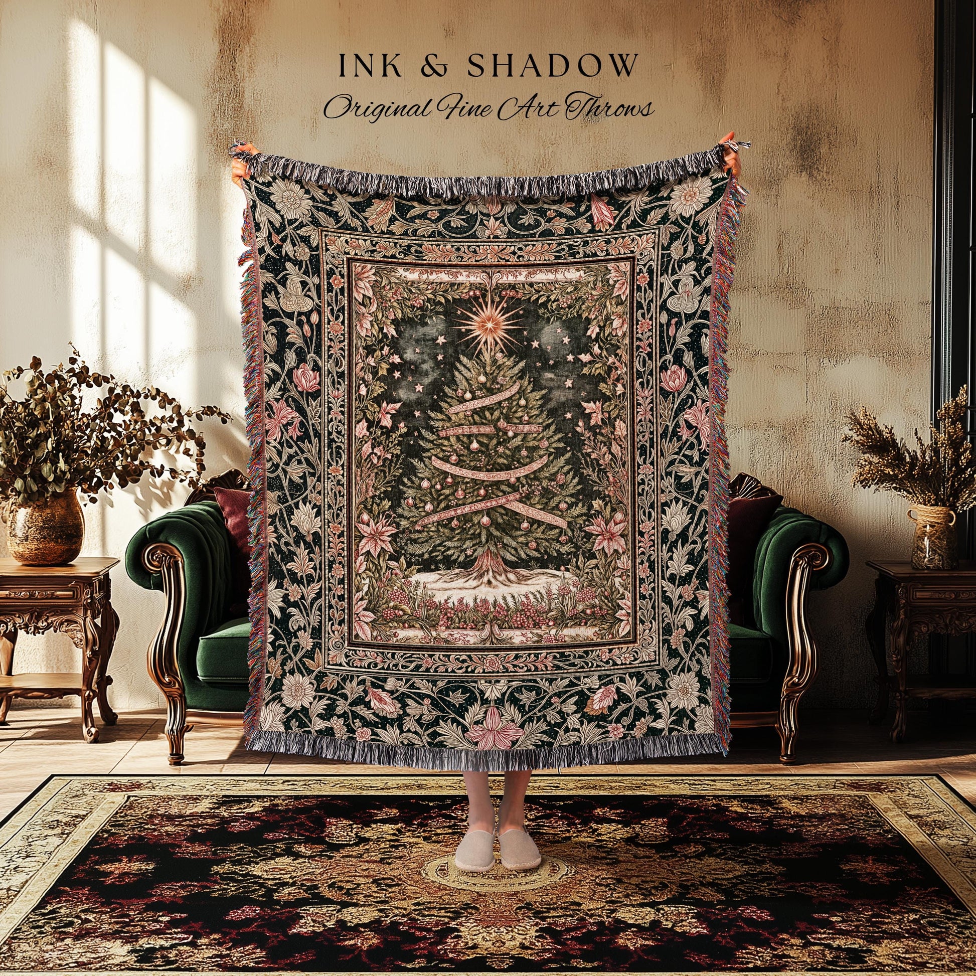 Golden Light Cozy Tree Throw | Nostalgic Xmas Blanket Holiday Bedspread Rustic Cottagecore Accent Warm Winter Decor Vintage Festive Style