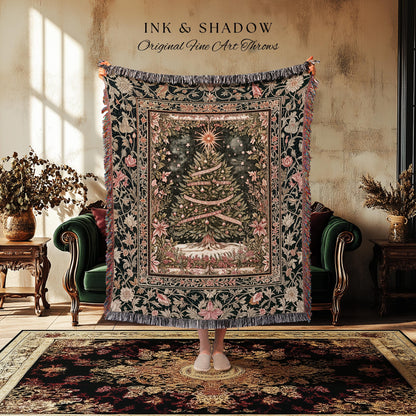 Golden Light Cozy Tree Throw | Nostalgic Xmas Blanket Holiday Bedspread Rustic Cottagecore Accent Warm Winter Decor Vintage Festive Style