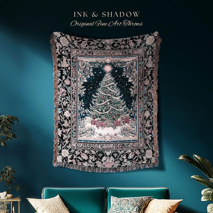 Snowy Holiday Tree Throw Blanket | Cozy Cottagecore Bedspread Winter Xmas Throw Festive Decor Vintage Holiday Accent Rustic Style Tapestry |