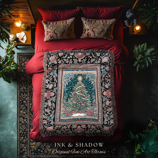 Gothic Floral Xmas Tree Blanket | Festive Baroque Style Woven Tapestry Vintage Holiday Decor Cozy Winter Aesthetic Heirloom Rustic Christmas