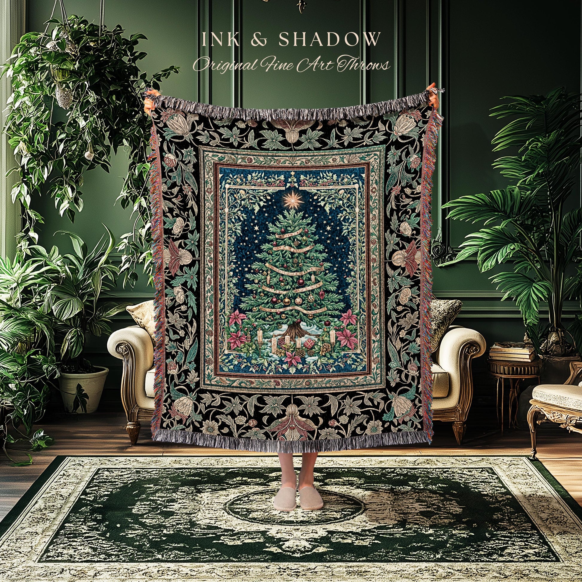 Elegant Holiday Home Decor Blanket | Vintage Christmas Cozy Winter Woven Throw Floral Wall Tapestry Cottagecore Holiday Heirloom Rustic Gift