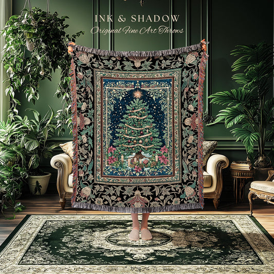 Elegant Holiday Home Decor Blanket | Vintage Christmas Cozy Winter Woven Throw Floral Wall Tapestry Cottagecore Holiday Heirloom Rustic Gift