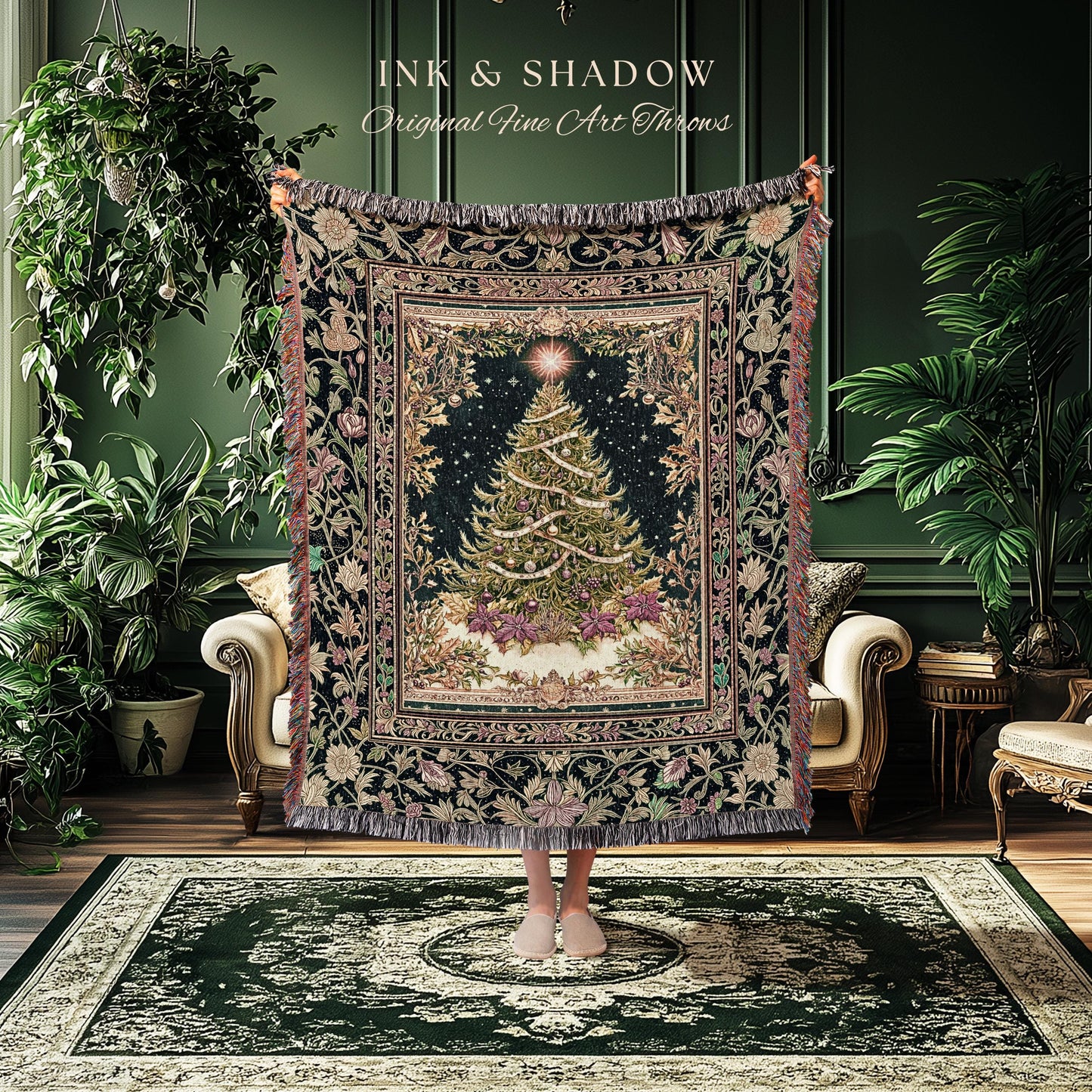 Enchanted Golden Tree Tapestry | Holiday Blanket Cottagecore Accent Festive Bedspread Cozy Winter Style Rustic Decor Vintage Woven Throw |