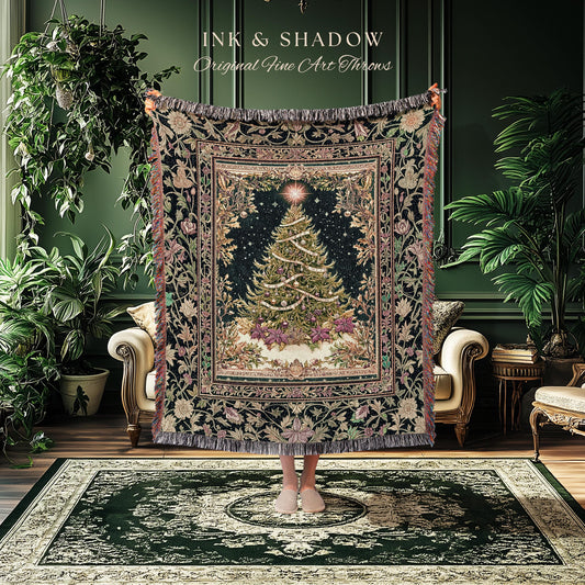 Enchanted Golden Tree Tapestry | Holiday Blanket Cottagecore Accent Festive Bedspread Cozy Winter Style Rustic Decor Vintage Woven Throw |