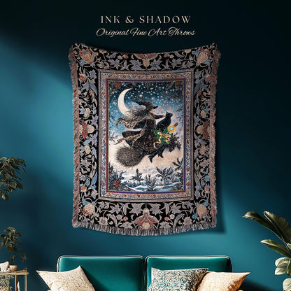 Magic Moonlit Witch Woven Tapestry | Ethereal Witchy Halloween Throw Blanket Nostalgic Aesthetic Broomstick Black Cat Celestial Home Decor