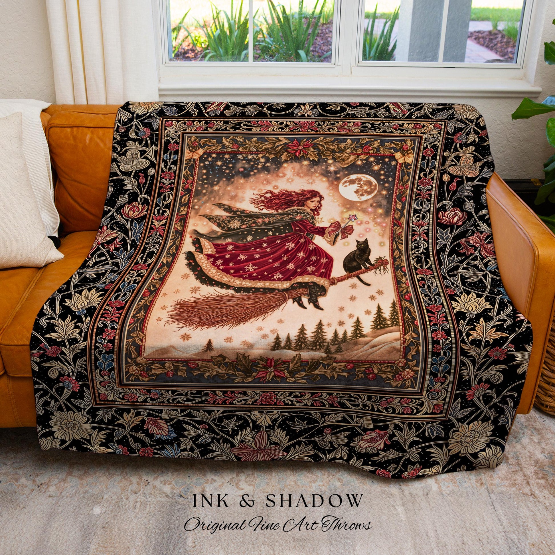 Mystical Black Cat Witch Tapestry | Fairytale Decor Gothic Cottagecore Broomstick Halloween Whimsy Gothic Maximalist Aesthetic Throw Rustic