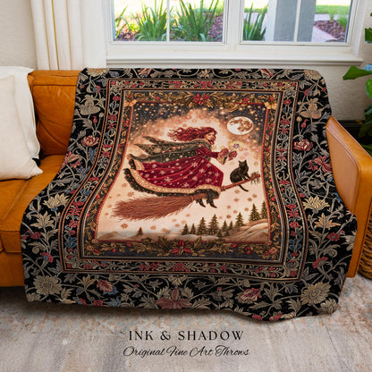 Mystical Black Cat Witch Tapestry | Fairytale Decor Gothic Cottagecore Broomstick Halloween Whimsy Gothic Maximalist Aesthetic Throw Rustic