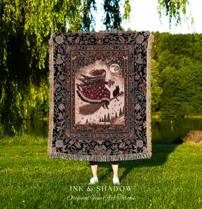 Mystical Black Cat Witch Tapestry | Fairytale Decor Gothic Cottagecore Broomstick Halloween Whimsy Gothic Maximalist Aesthetic Throw Rustic