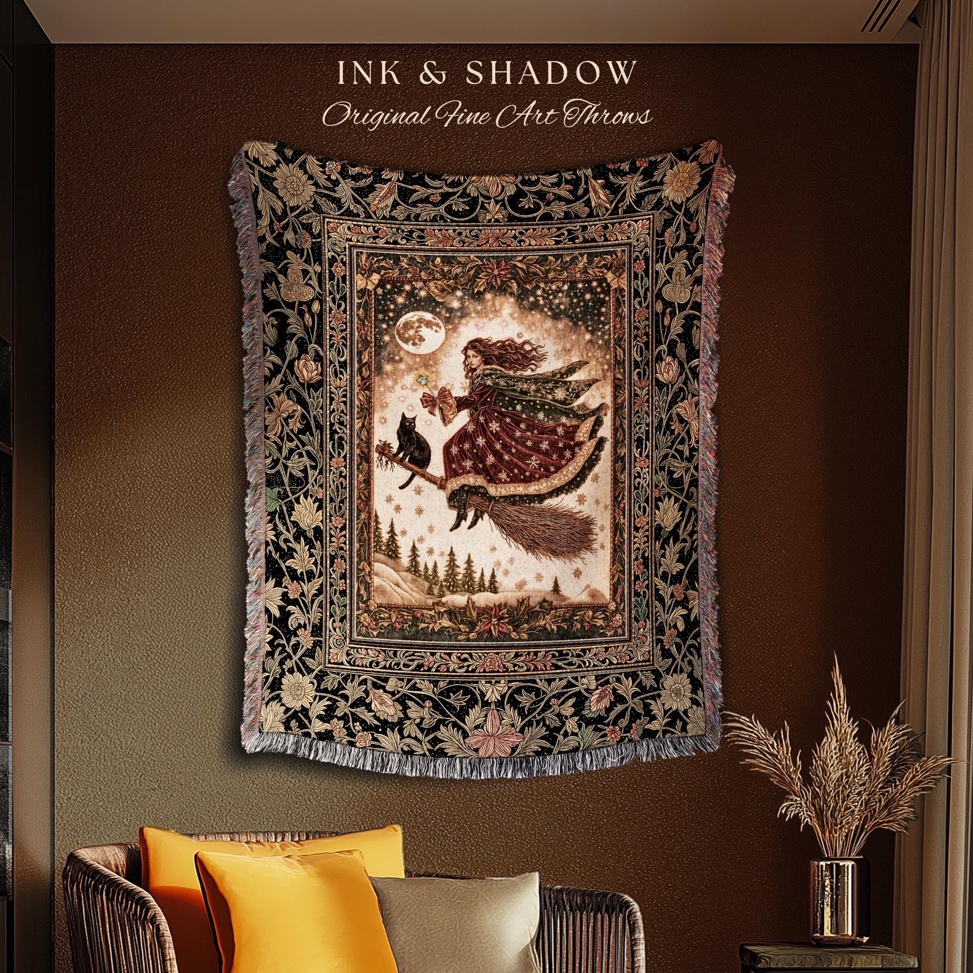 Whimsical Witchy Broomstick Throw Blanket | Fairytale Gothic Decor Mystic Black Cat Celestial Moon Tapestry Botanical Dark Academia Cottage