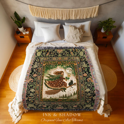 Holiday Witch Black Cat Blanket | Nostalgic Halloween Enchanted Cottagecore Decor Mystic Aesthetic Woven Wall Tapestry Gothic Elegance Throw