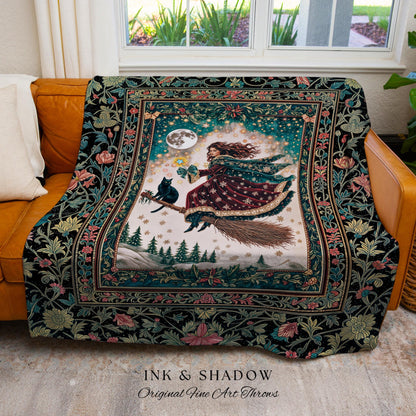 Snow Witch Celestial Woven Tapestry | Magical Black Cat Gothic Decor Broomstick Whimsigoth Magic Cottagecore Aesthetic Throw Blanket Mystic