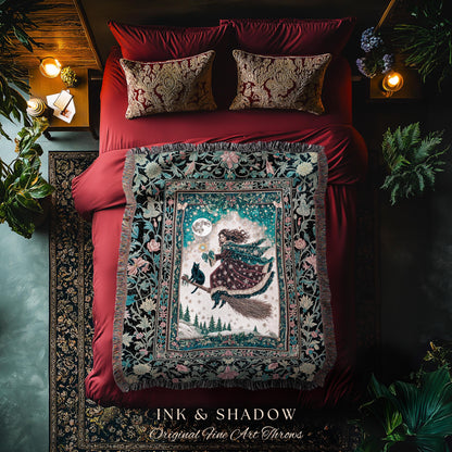 Snow Witch Celestial Woven Tapestry | Magical Black Cat Gothic Decor Broomstick Whimsigoth Magic Cottagecore Aesthetic Throw Blanket Mystic