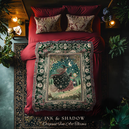 Autumn Witch Starry Celestial Tapestry | Gothic Decor Bewitched Black Cat Magic Cottagecore Style Enchanted Woven Throw Blanket Whimsical |