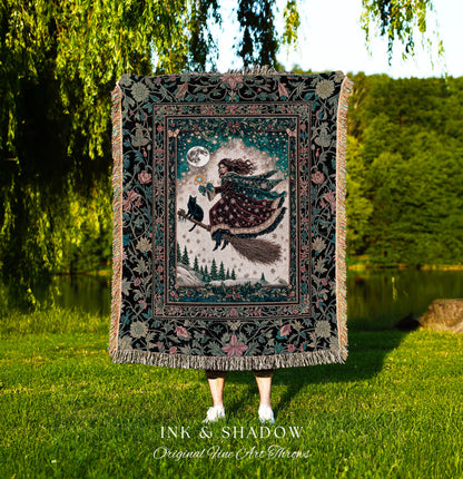 Snow Witch Celestial Woven Tapestry | Magical Black Cat Gothic Decor Broomstick Whimsigoth Magic Cottagecore Aesthetic Throw Blanket Mystic