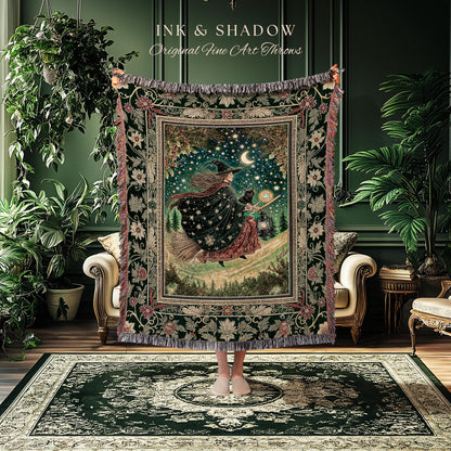 Autumn Witch Starry Celestial Tapestry | Gothic Decor Bewitched Black Cat Magic Cottagecore Style Enchanted Woven Throw Blanket Whimsical |