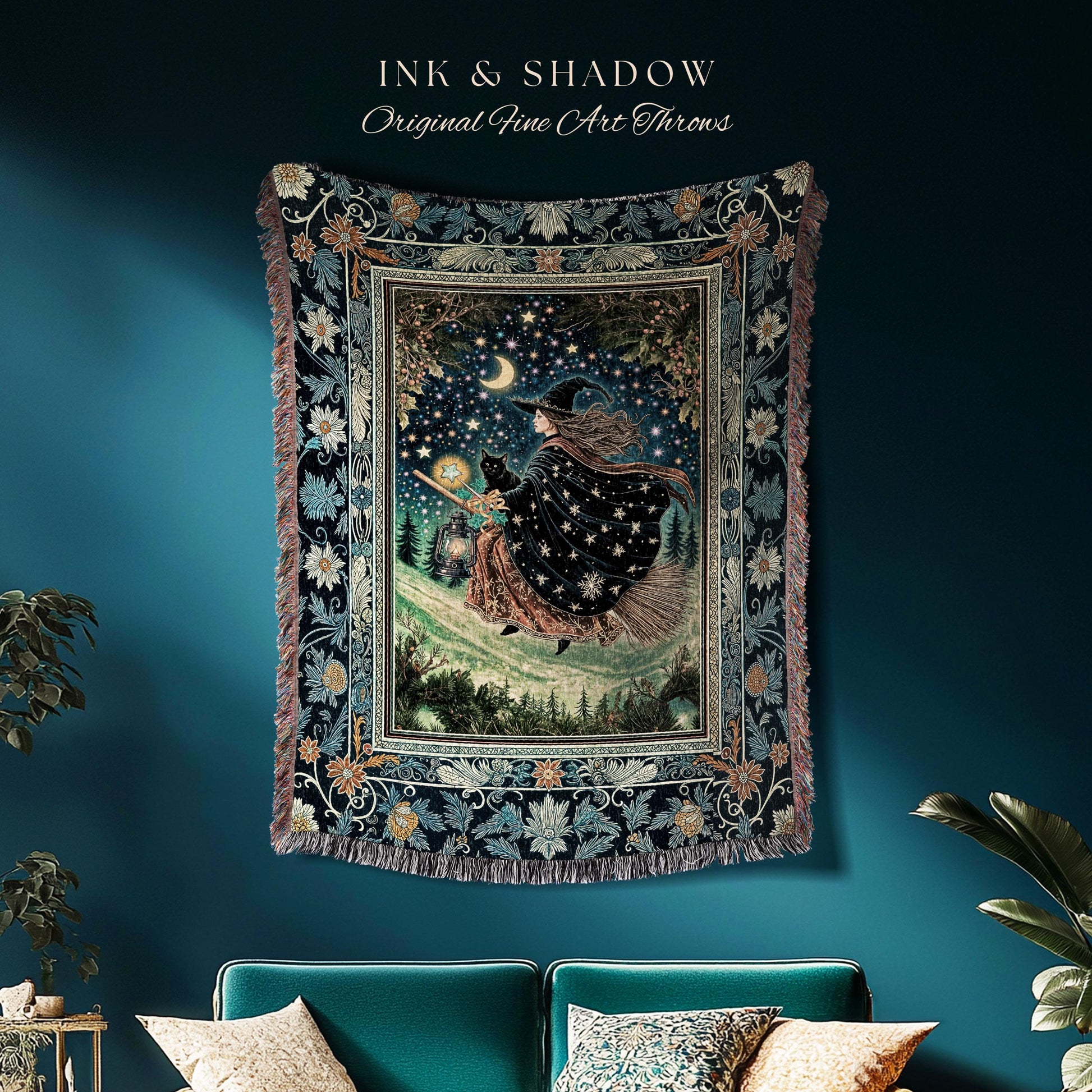 Nostalgic Storybook Witch Blanket | Gothic Woven Tapestry Enchanted Black Cat Magic Dark Academia Broomstick Moonlit Decor Throw Ethereal |