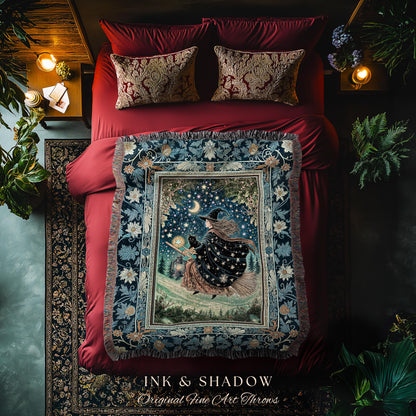 Nostalgic Storybook Witch Blanket | Gothic Woven Tapestry Enchanted Black Cat Magic Dark Academia Broomstick Moonlit Decor Throw Ethereal |