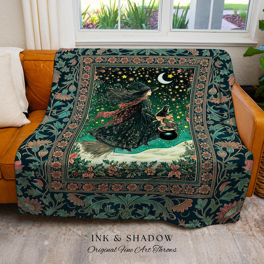 Magic Landscape Winter Witch Throw | Moonlit Ethereal Witchy Tapestry Blanket Decor Moon Black Cat Cat Whimsical Folklore Cottagecore Style