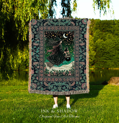 Magic Landscape Winter Witch Throw | Moonlit Ethereal Witchy Tapestry Blanket Decor Moon Black Cat Cat Whimsical Folklore Cottagecore Style