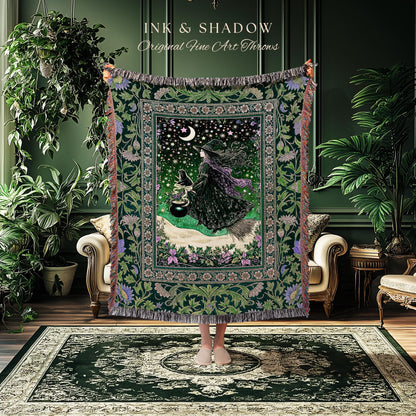 Botanical Witch Flying Broomstick Throw | Whimsigoth Tapestry Blanket Gothic Cat Mystic Midnight Magic Aesthetic Green Sky Moonlight Decor
