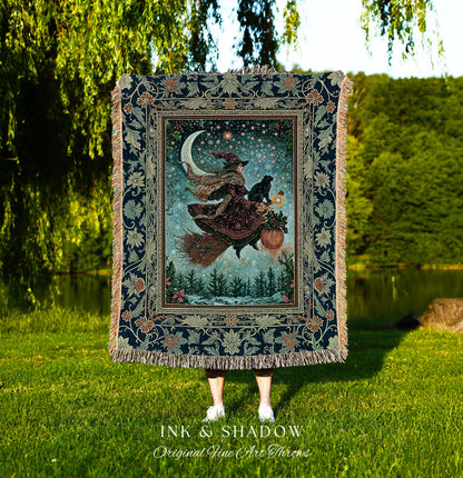 Pumpkin Witch Winter Wall Tapestry | Mystical Gothic Decor Black Cat Broomstick Spooky Season Botanical Moon Stars Winter Whimsigoth Style |
