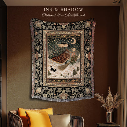 Winter Folklore Witch Tapestry Blanket | Enchanted Cottagecore Decor Mystic Aesthetic Black Cat Gothic Elegance Celestial Storybook Throw |