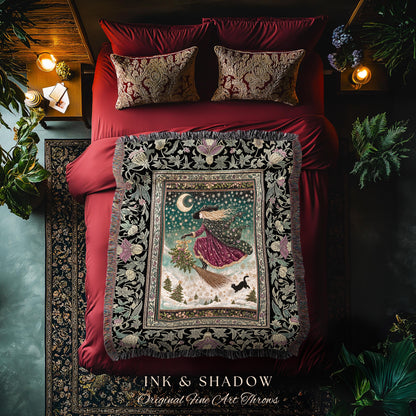 Snowy Moonlit Night Witchy Tapestry | Celestial Cat Gothic Decor Broomstick Ride Whimsigoth Magic Cottagecore Folk Aesthetic Throw Blanket
