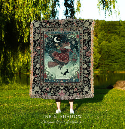 Wonderland Witch Boho Throw Blanket | Mystic Gothic Art Black Cat Folk Magic Broomstick Whimsigoth Cottagecore Woven Tapestry Moon Stars |