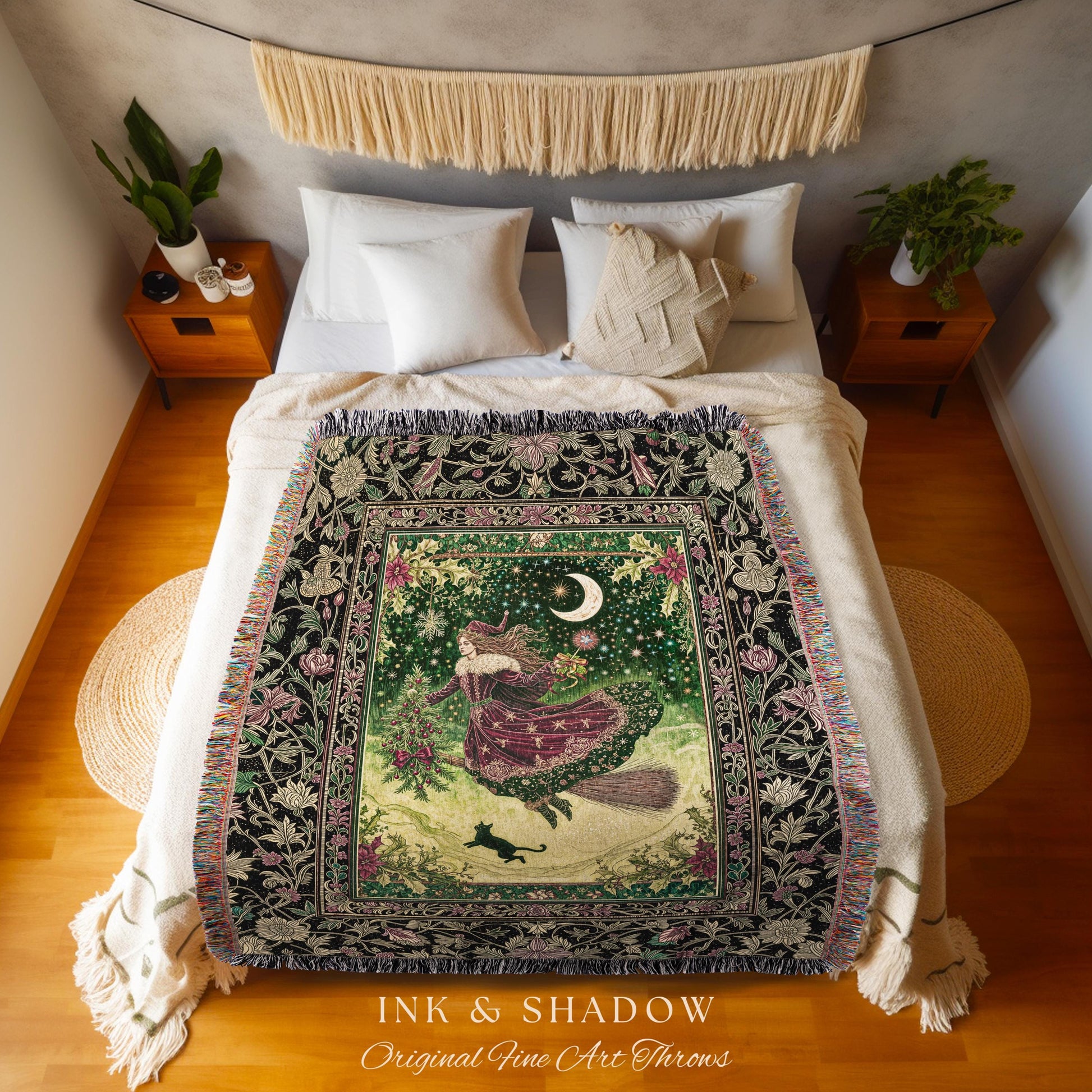 Snowy Magic Celestial Witch Blanket | Gothic Magic Black Cat Woven Tapestry Broomstick Ride Moon Stars Botanical Frame Mystical Folklore Art