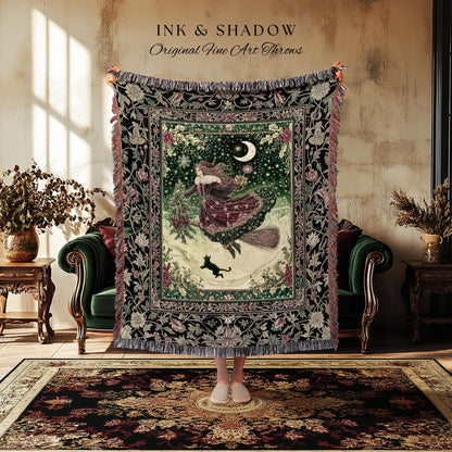Snowy Magic Celestial Witch Blanket | Gothic Magic Black Cat Woven Tapestry Broomstick Ride Moon Stars Botanical Frame Mystical Folklore Art