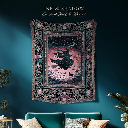 Moody Magenta Witch Silhouette Blanket | Whimsigoth Aesthetic Flying Broomstick Black Cat Halloween Moon Magic Night Gothic Folklore Art |