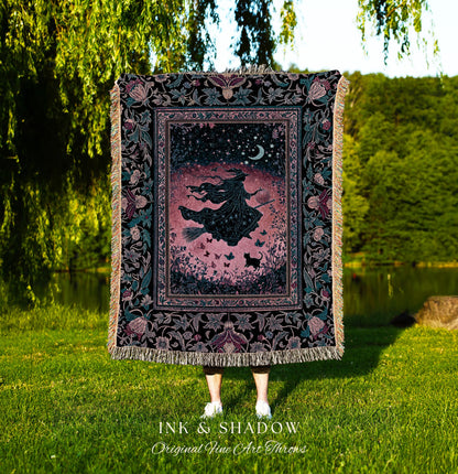 Moody Magenta Witch Silhouette Blanket | Whimsigoth Aesthetic Flying Broomstick Black Cat Halloween Moon Magic Night Gothic Folklore Art |