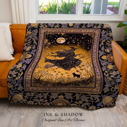 Golden Witch Autumn Throw Blanket | Moonlit Gothic Halloween Magic Decor Folklore Style Whimsigoth Night Sky Enchanted Woven Wall Tapestry