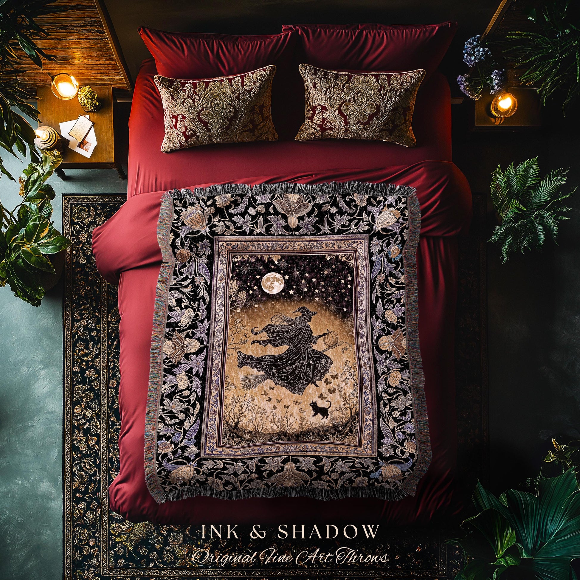 Golden Witch Autumn Throw Blanket | Moonlit Gothic Halloween Magic Decor Folklore Style Whimsigoth Night Sky Enchanted Woven Wall Tapestry