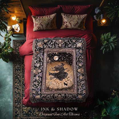 Golden Witch Autumn Throw Blanket | Moonlit Gothic Halloween Magic Decor Folklore Style Whimsigoth Night Sky Enchanted Woven Wall Tapestry