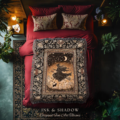 Amber Witch Gothic Folklore Blanket | Celestial Black Cat Halloween Decor Maximalist Woven Wall Tapestry Folklore Aesthetic Cottagecore |