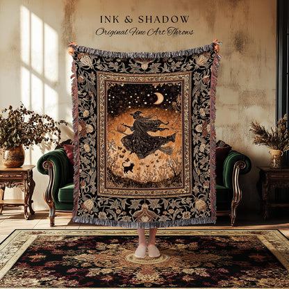 Amber Witch Gothic Folklore Blanket | Celestial Black Cat Halloween Decor Maximalist Woven Wall Tapestry Folklore Aesthetic Cottagecore |