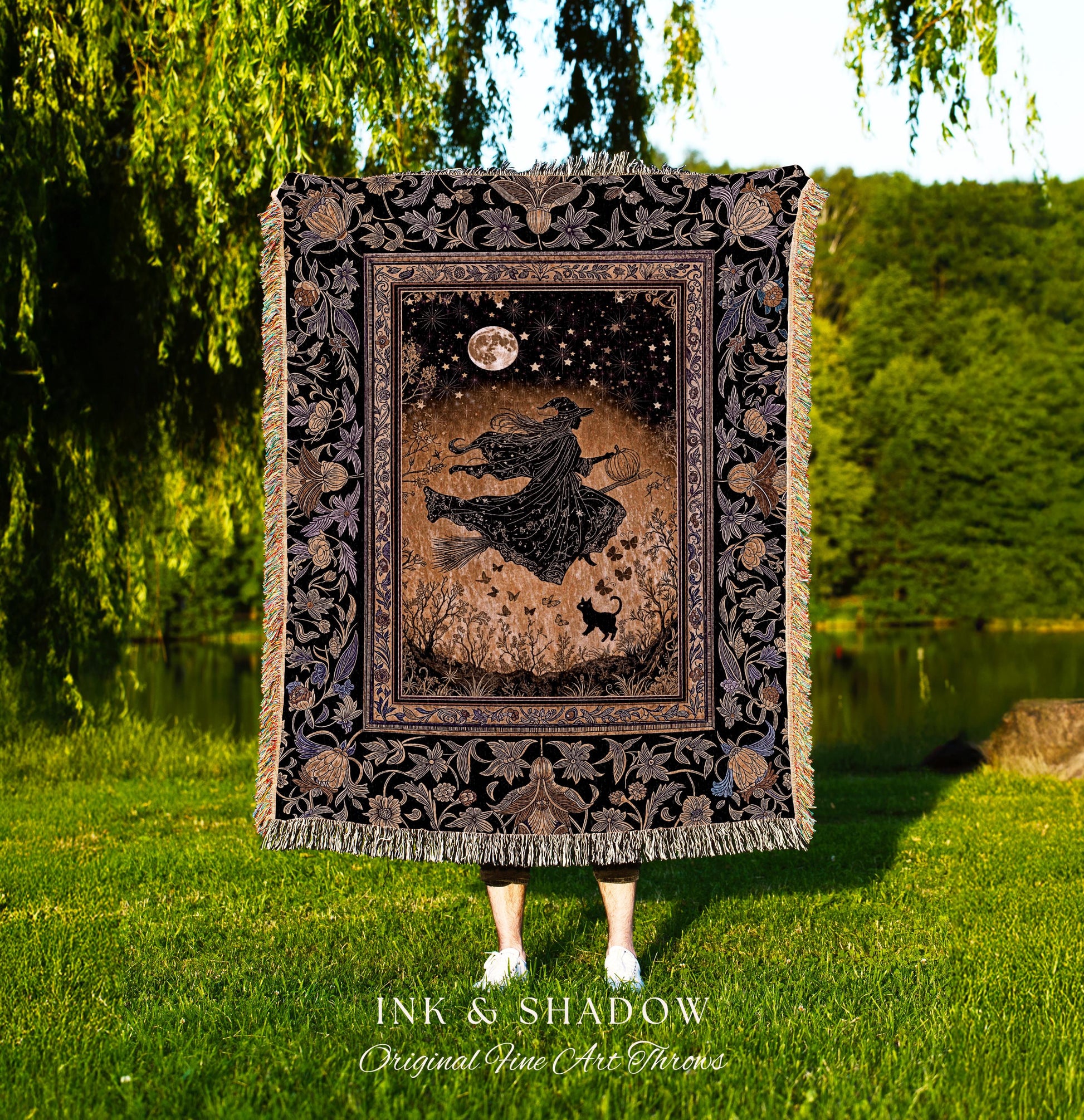 Golden Witch Autumn Throw Blanket | Moonlit Gothic Halloween Magic Decor Folklore Style Whimsigoth Night Sky Enchanted Woven Wall Tapestry